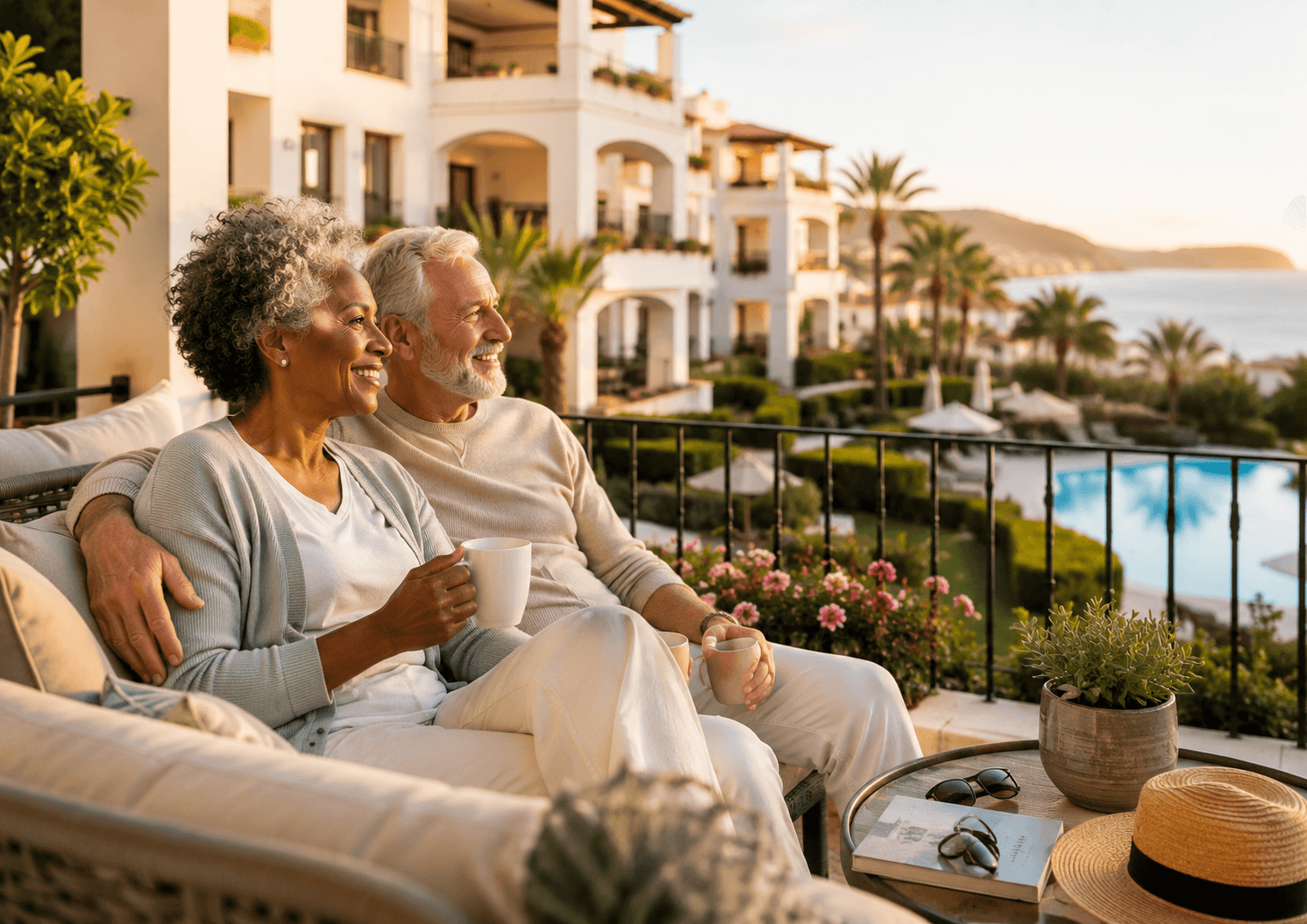 Couple de retraités profitant d'un café sur une terrasse méditerranéenne avec vue sur la mer