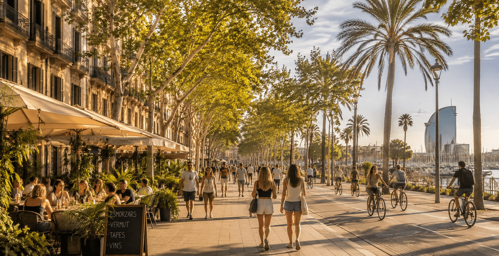 Scène de vie quotidienne à Barcelone, promenade arborée en fin de journée