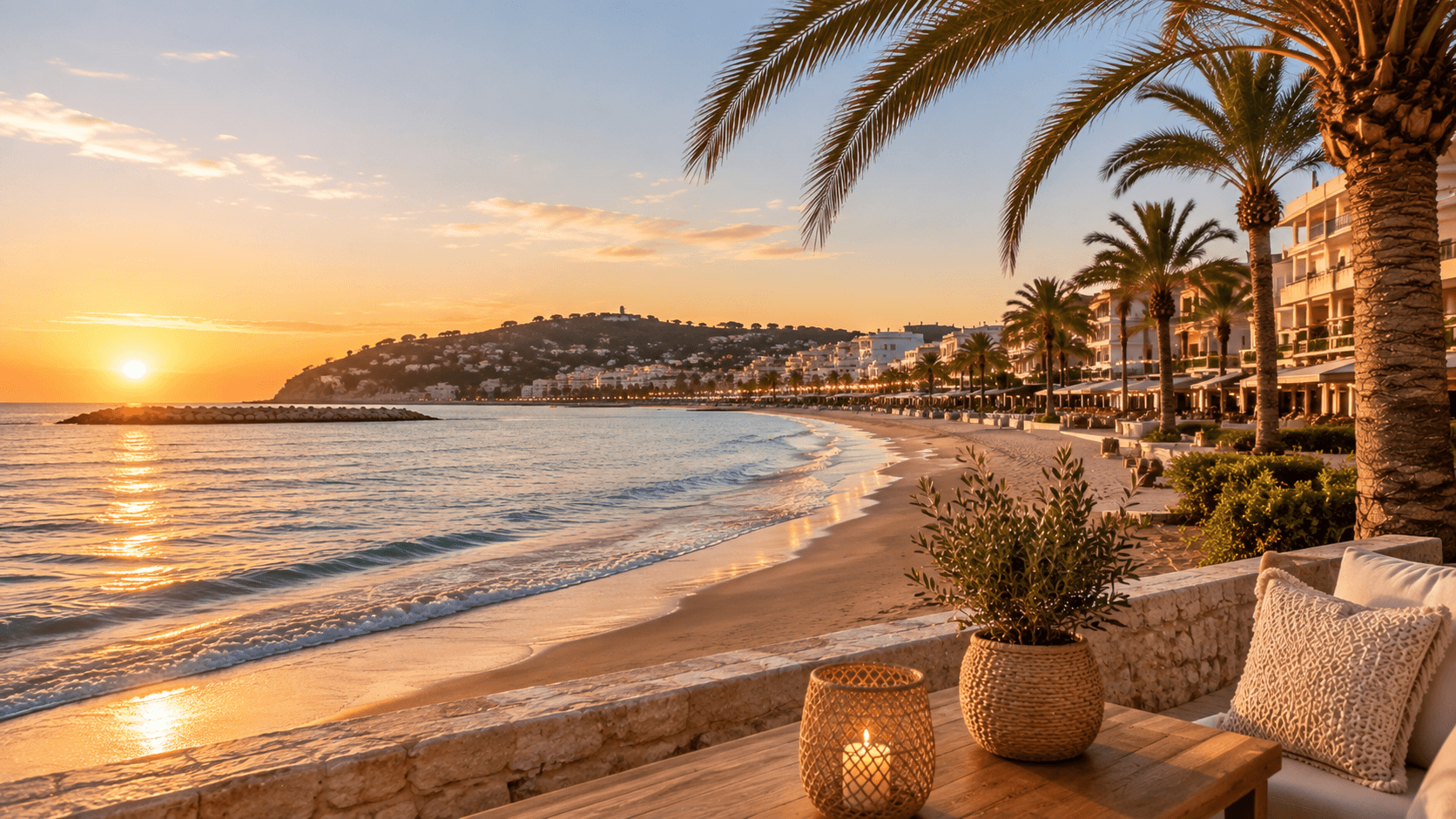 Terrasse méditerranéenne avec vue sur une plage au coucher du soleil et village blanc espagnol