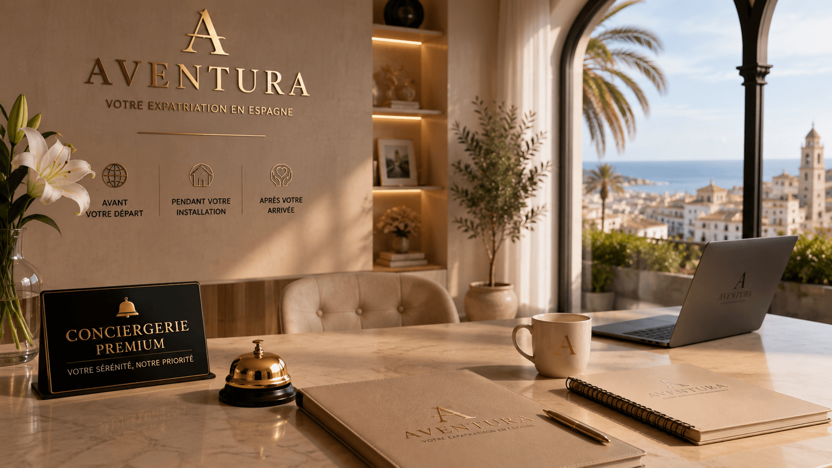 Bureau d'accueil AVENTURA avec plaque Conciergerie Premium et vue sur une ville côtière espagnole
