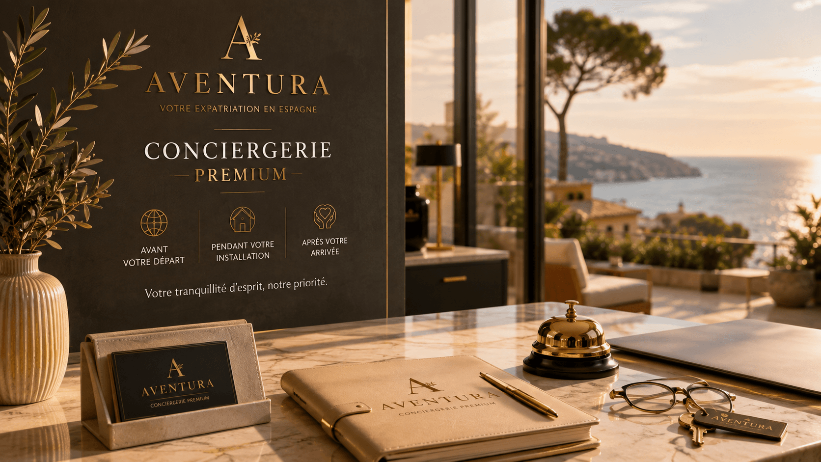 Bureau élégant avec olivier, carnet AVENTURA et vue sur la Méditerranée au lever du jour