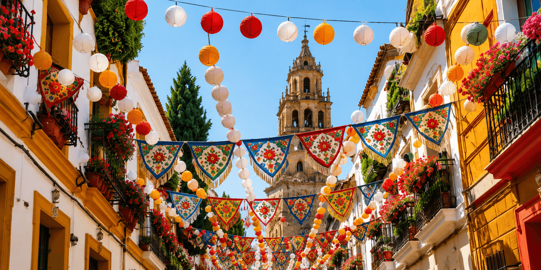 Rue espagnole en fête, décorée de guirlandes, fanions et fleurs colorées