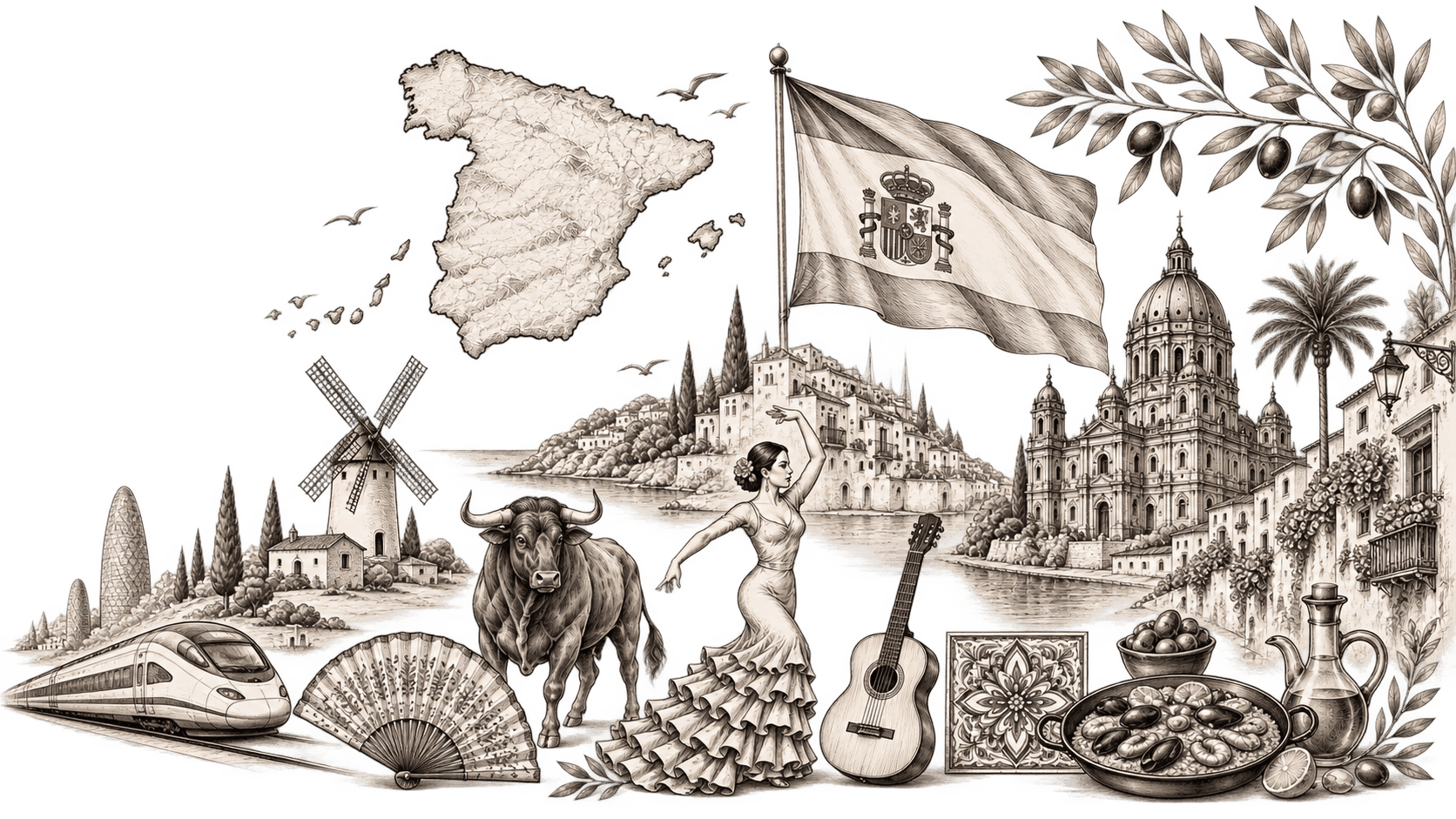 Illustration artistique de l'Espagne : carte, drapeau, flamenco, architecture et symboles culturels
