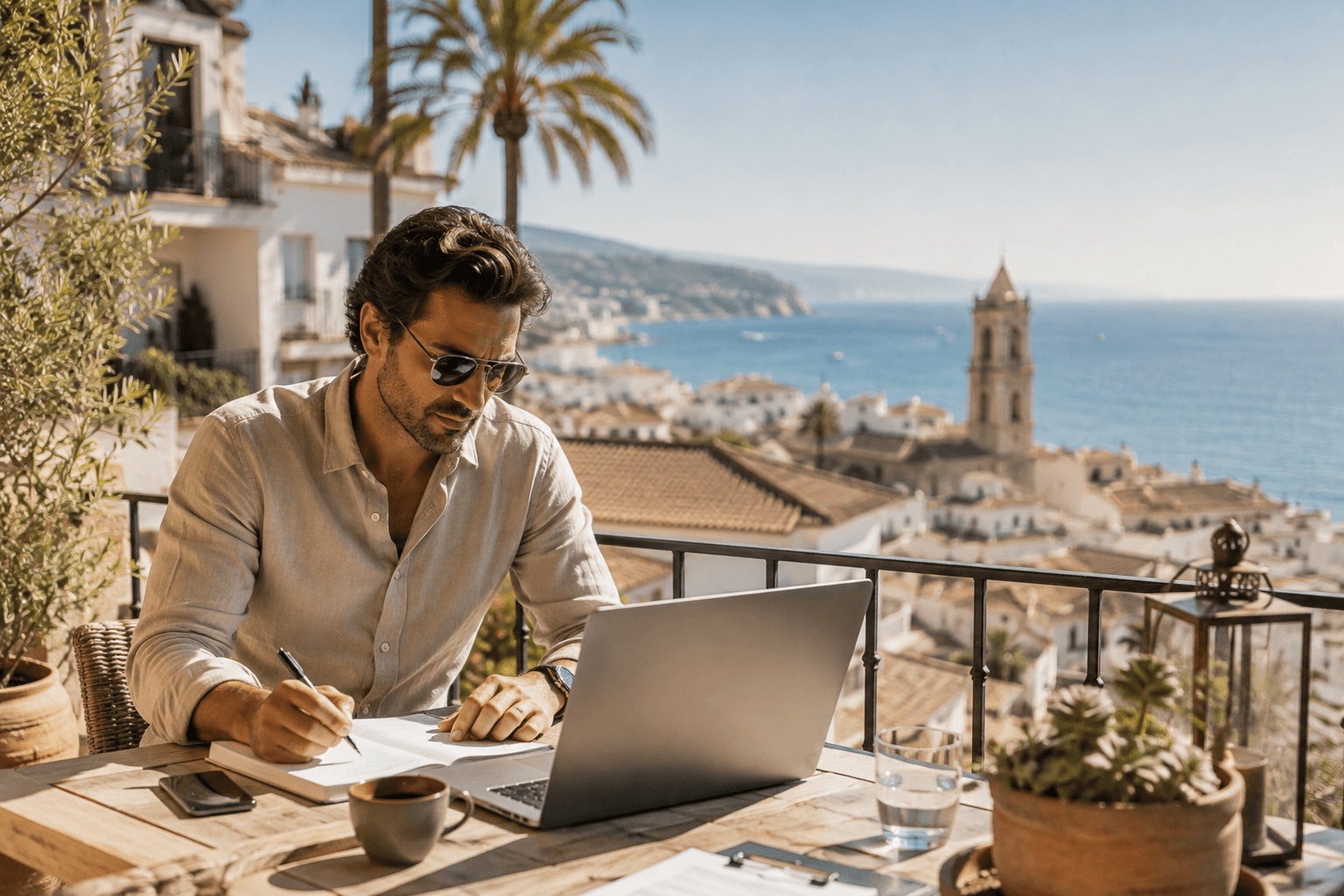Entrepreneur travaillant sur une terrasse avec vue sur un village côtier espagnol