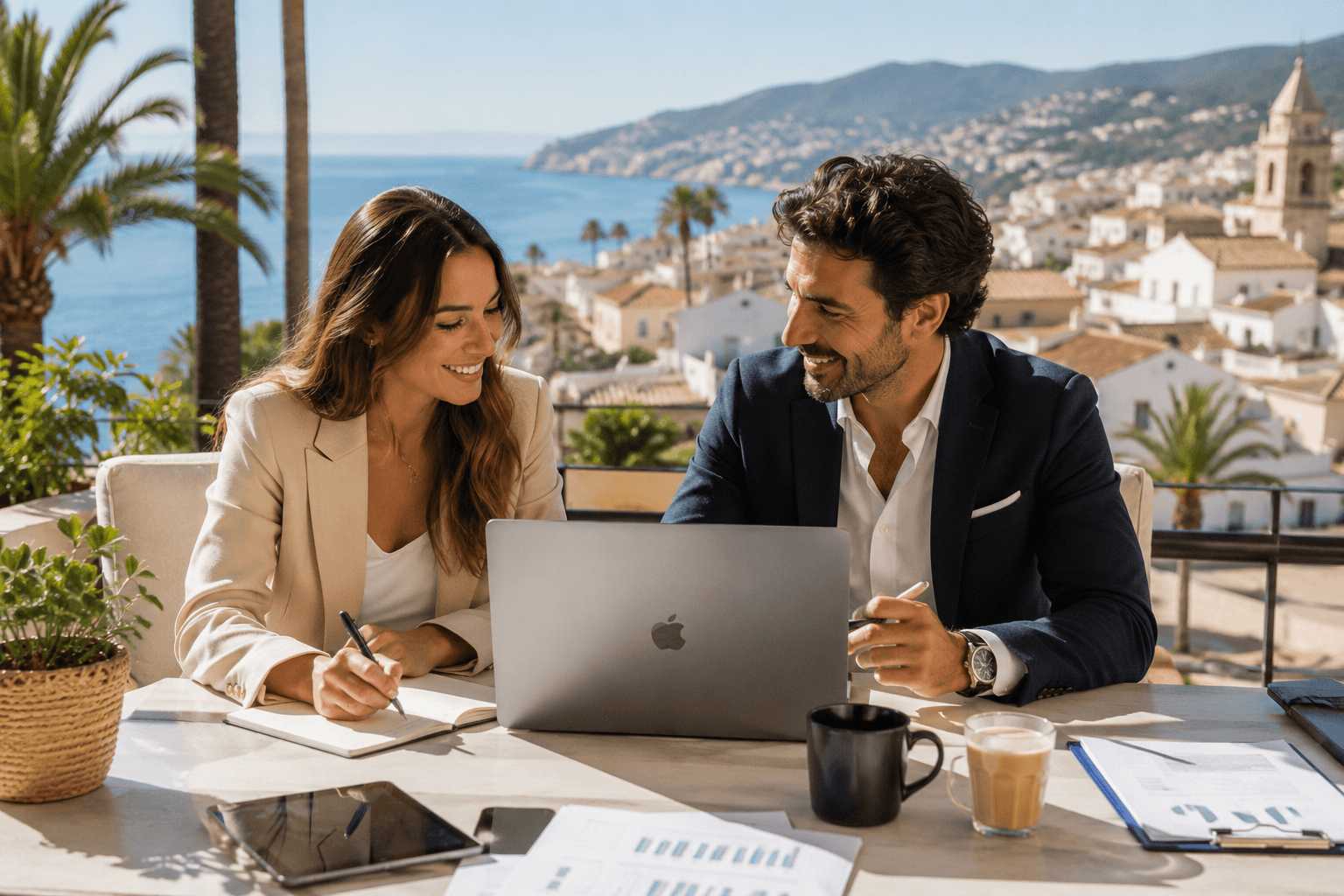 Deux entrepreneurs travaillant ensemble sur une terrasse avec vue sur la Méditerranée et un village côtier espagnol