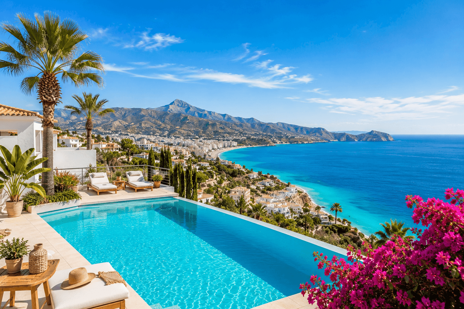 Villa méditerranéenne avec piscine à débordement et vue sur la côte espagnole