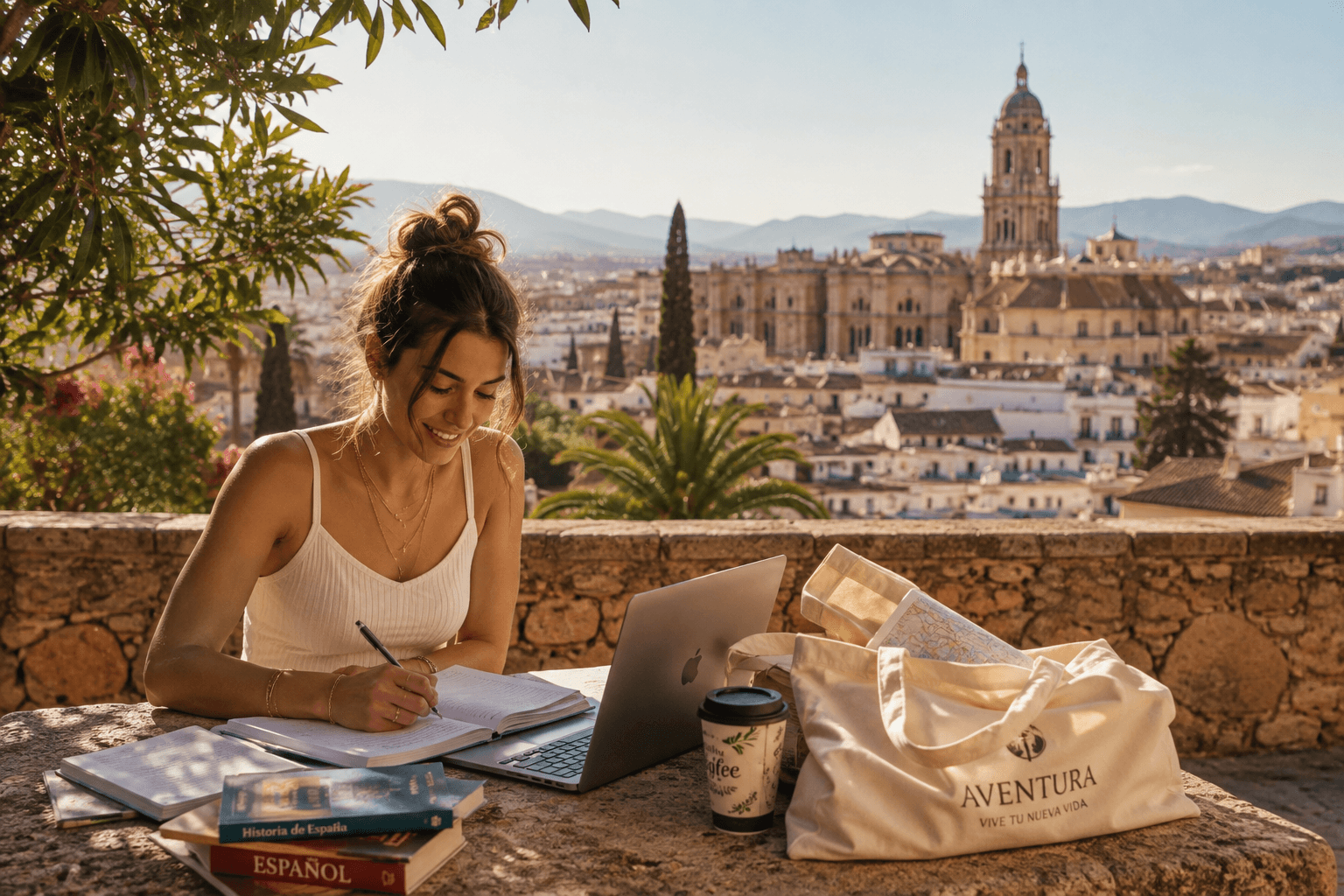 Étudiante travaillant en terrasse avec vue sur une ville espagnole