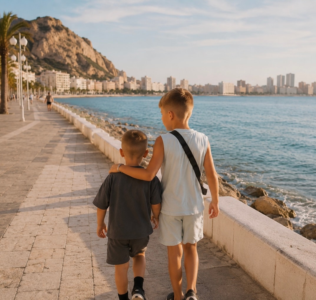 Deux enfants de dos regardant la mer sur le front de mer d'Alicante