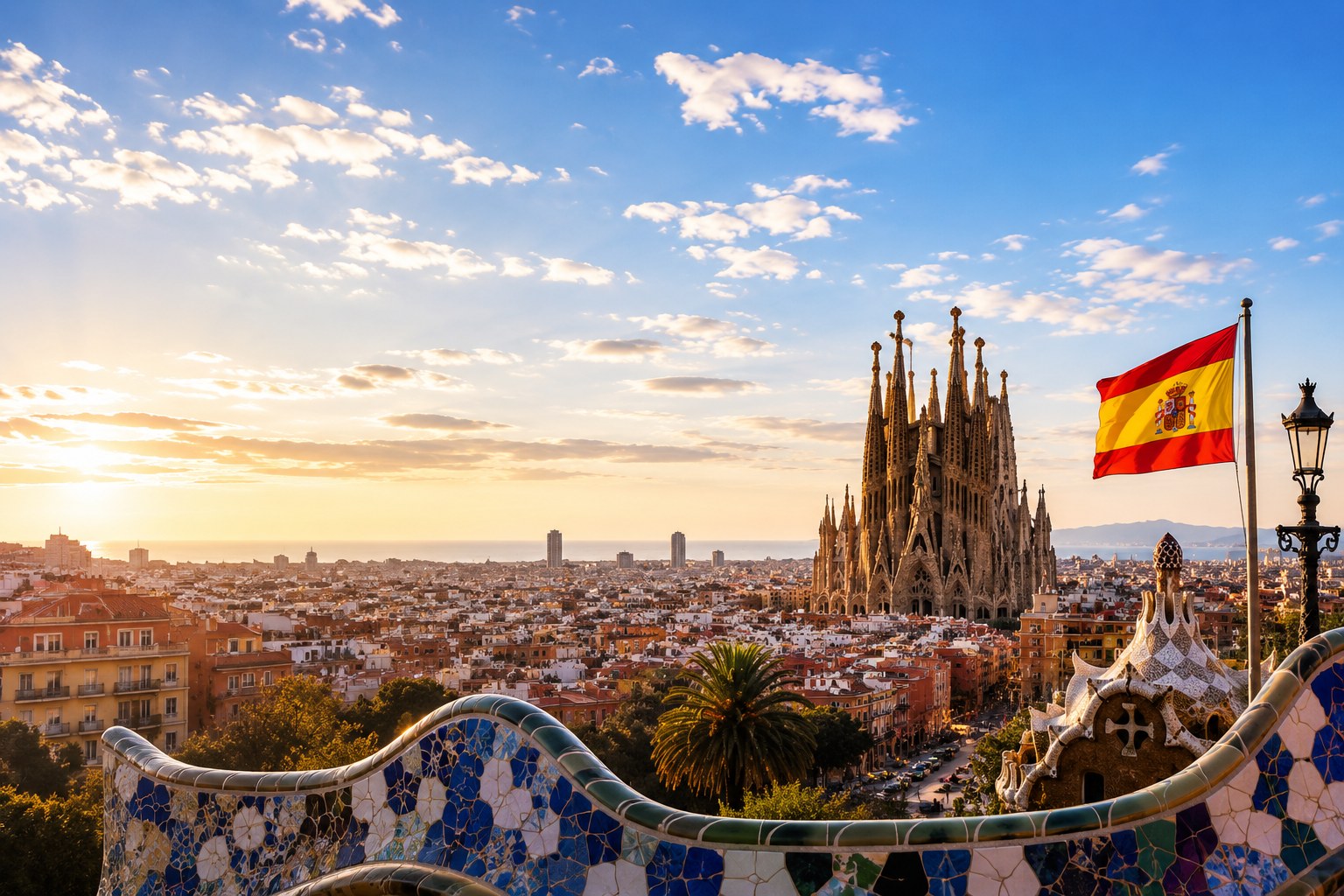 La Sagrada Familia, Park Güell et le drapeau espagnol à Barcelone, Espagne