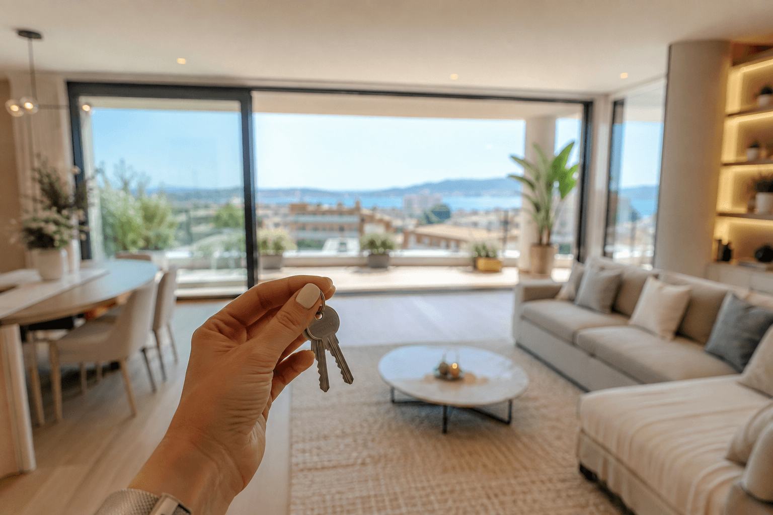 Main tenant les clés d'un nouvel appartement, avec vue sur un salon lumineux et la mer en arrière-plan