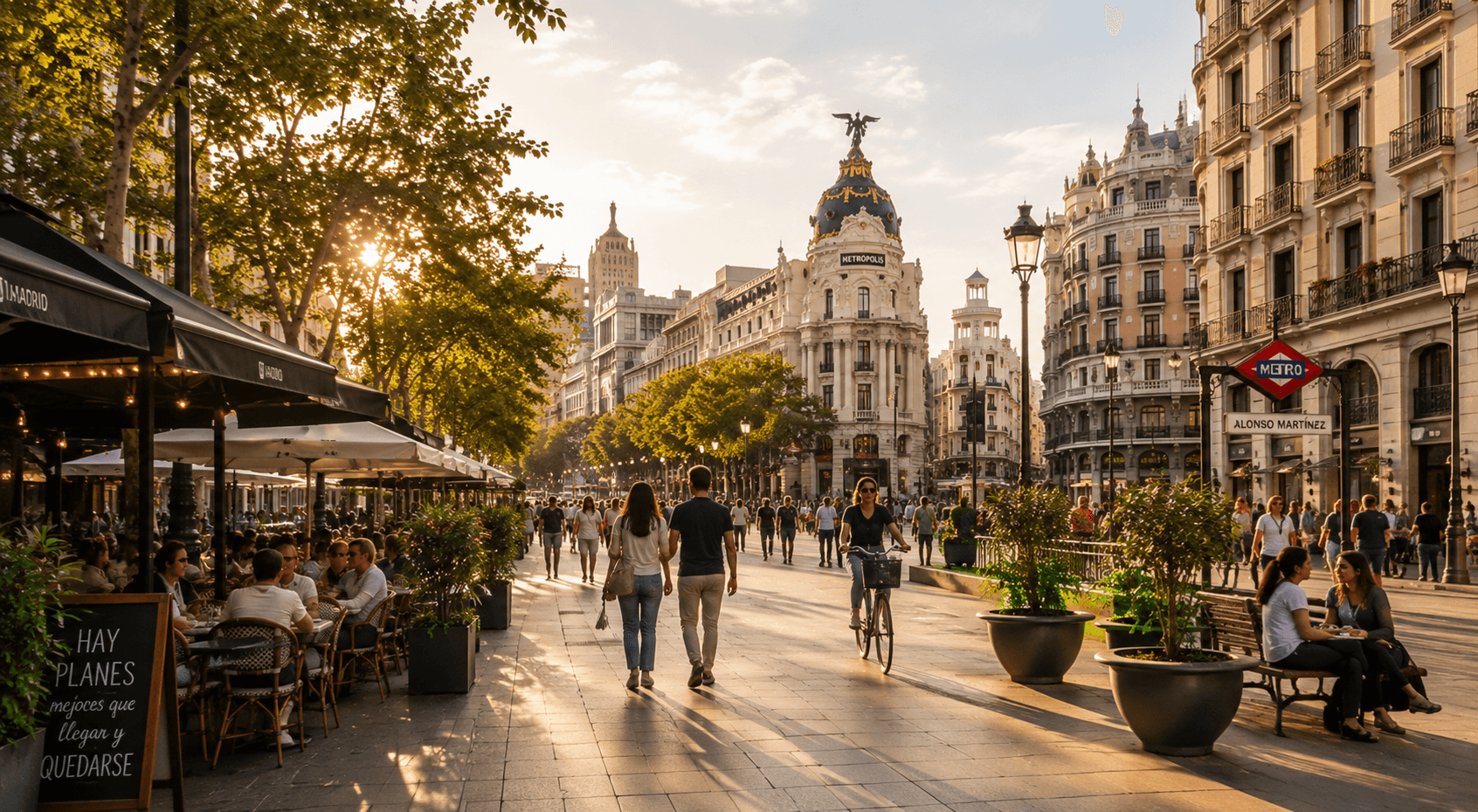 Avenue animée de Madrid en fin de journée, terrasses, cyclistes et promeneurs au coucher du soleil