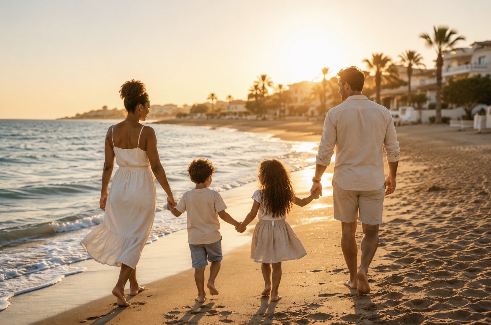 Famille marchant main dans la main sur une plage espagnole au coucher du soleil