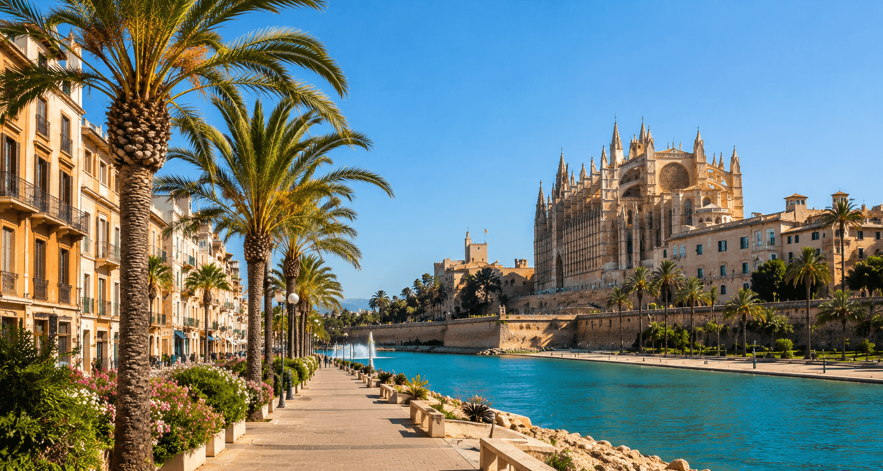 Promenade bordée de palmiers le long du canal de Palma de Majorque, cathédrale La Seu en arrière-plan