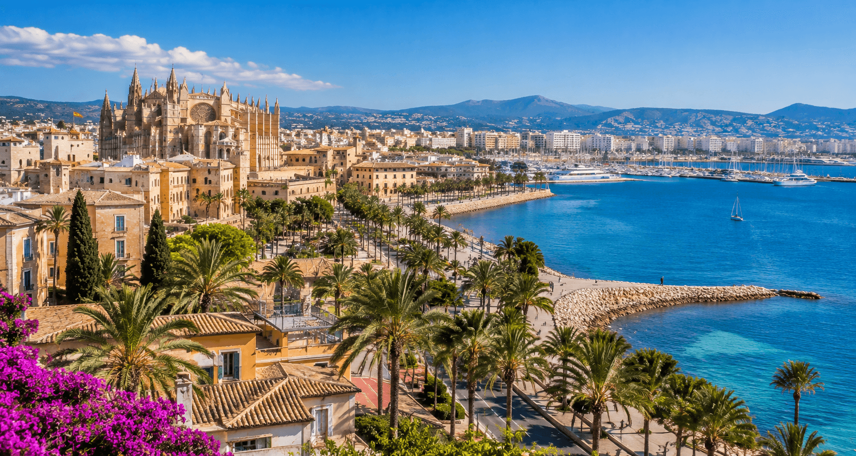 Vue panoramique de la baie de Palma de Majorque, cathédrale La Seu, palmiers et port de plaisance