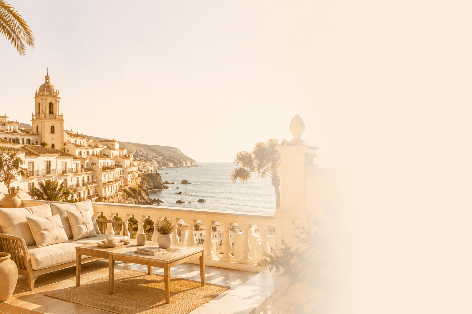 Terrasse méditerranéenne aux tons beige et sable, vue sur un village blanc espagnol et la mer