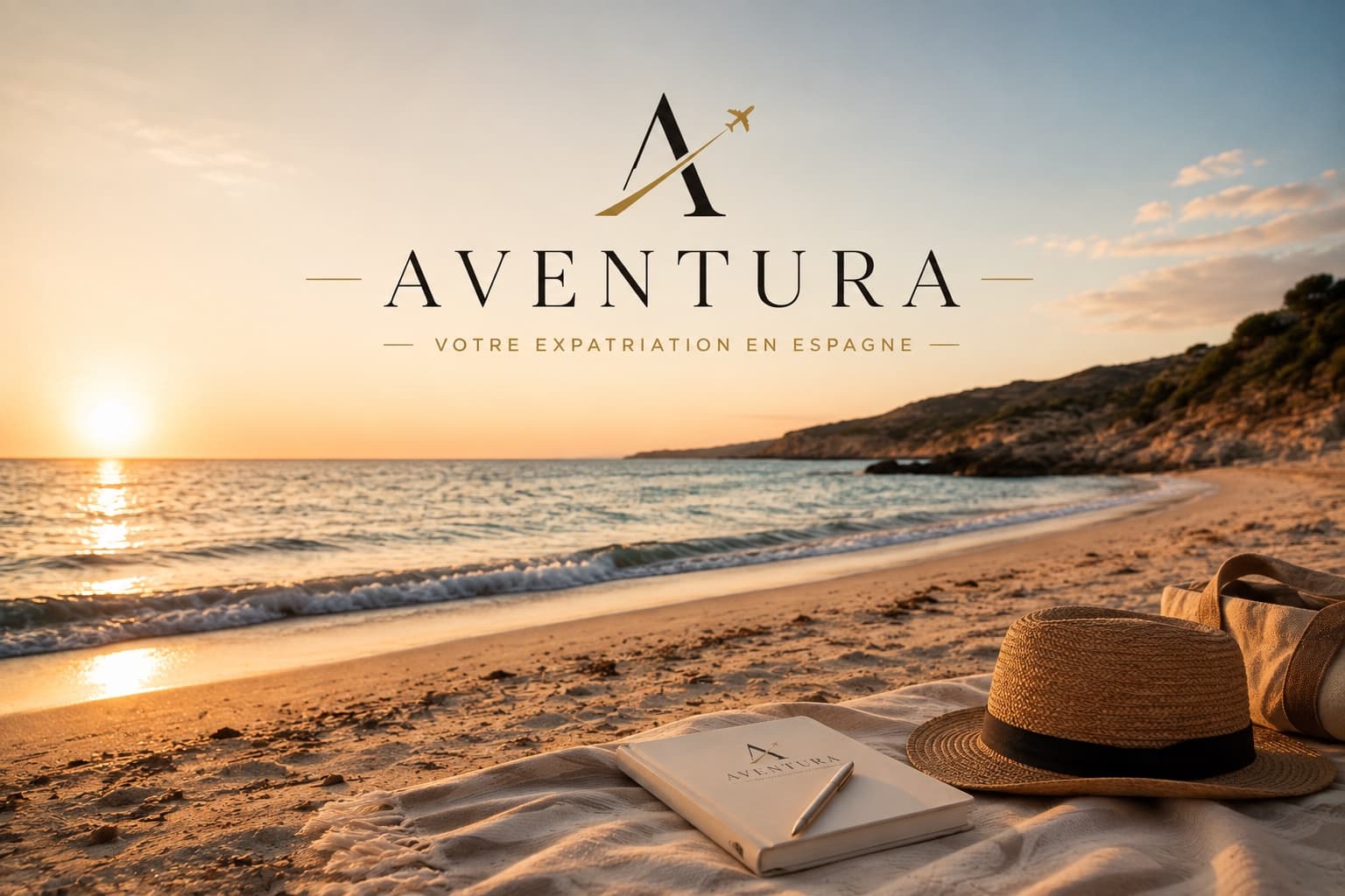 Détente sur une plage espagnole au coucher du soleil, avec le logo AVENTURA