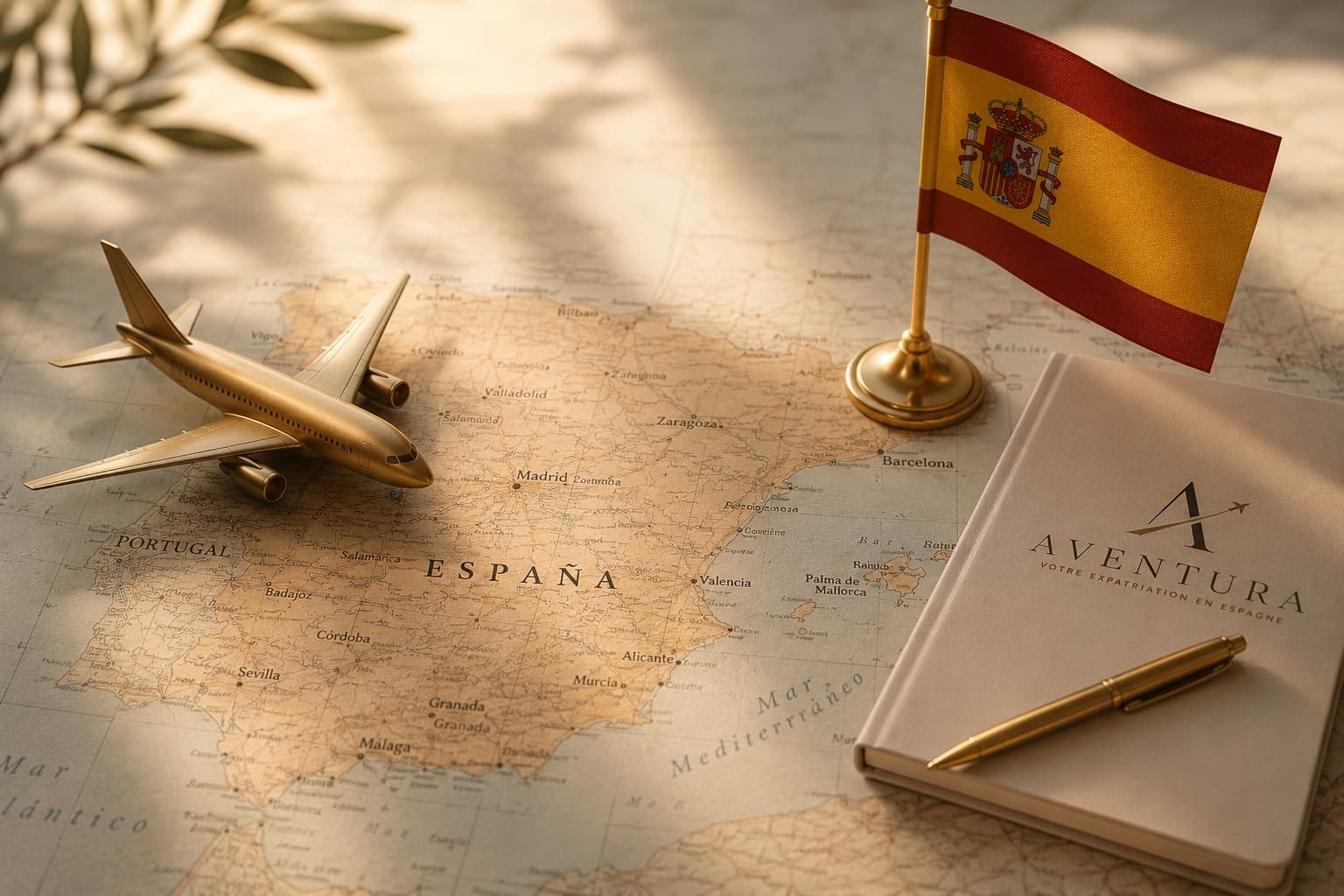 Carte d'Espagne avec avion doré, drapeau espagnol et carnet AVENTURA