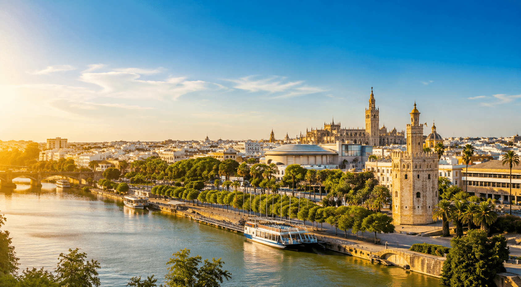Vue panoramique de Séville depuis le Guadalquivir, Torre del Oro et cathédrale au coucher du soleil